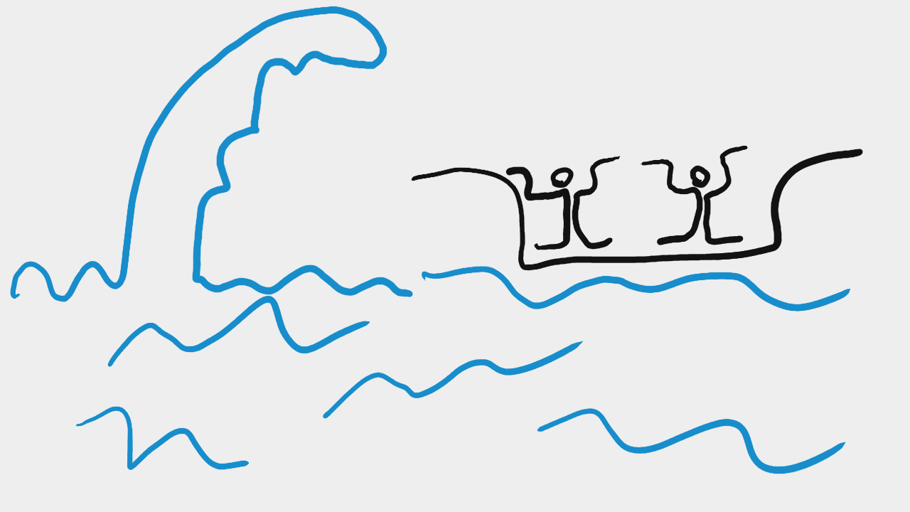 A really schematic art. Something ship-like floats on wavy doodles (water?) There are two doodly people in the boat. One of the (doodly) waves rises above the ship threatening to sink it down.