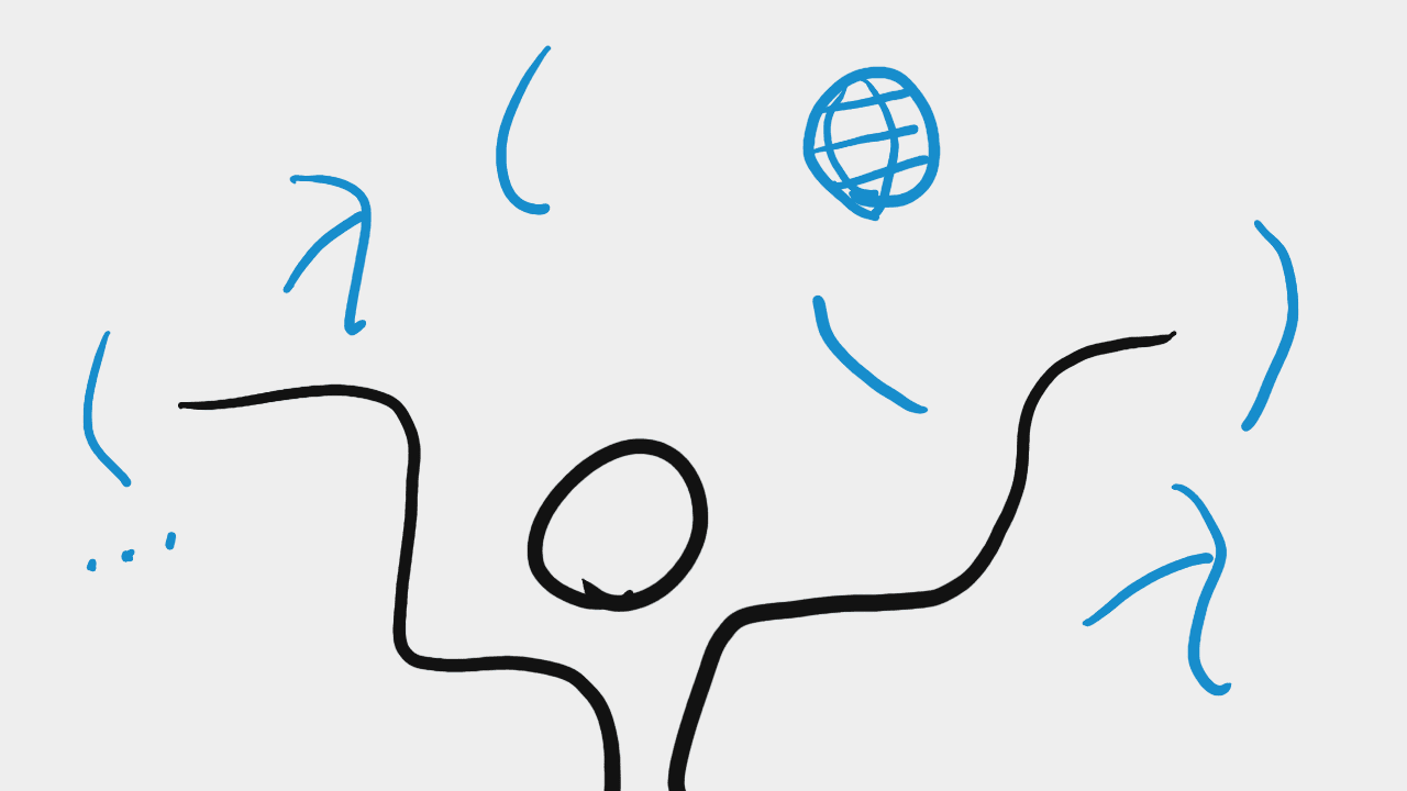 A schematic human from waist up has hands spread out as in a shrug. Around them there float colorful parentheses, lambdas, globes, and ellipses. Do they juggle or dream?