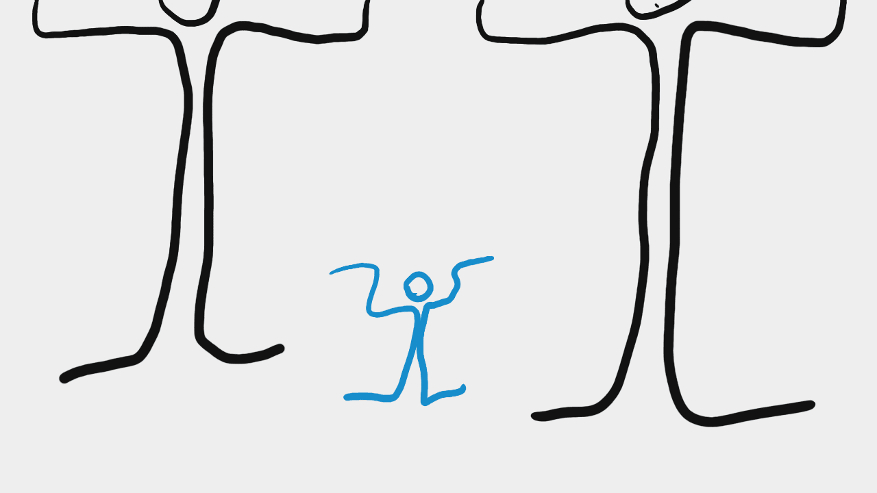 Three schematic stickman-ish people. Two of them extremely tall, with heads barely visible in the frame. In between them, a relatively tiny third person is standing colored brighter.