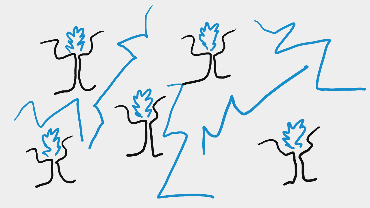 Five schematic humans spread over the canvas. They have heads exploding / burning with color, and there are colorful cracks between them all.