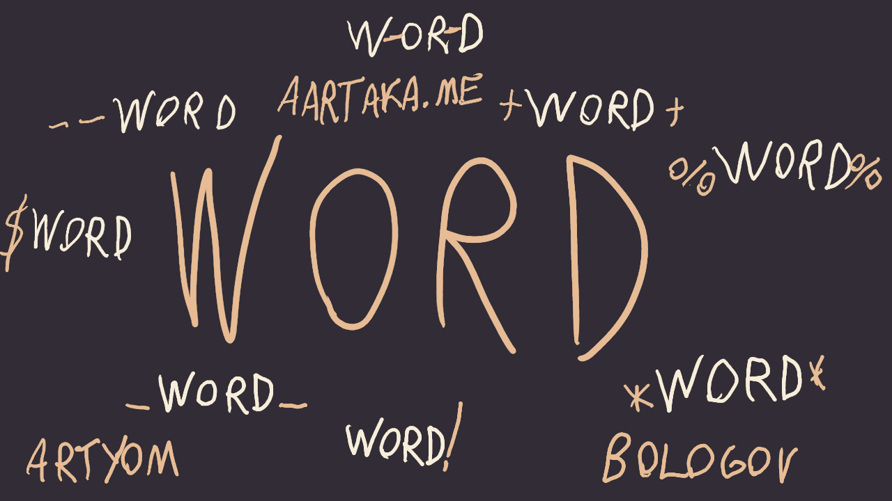 Image with hand-drawn text, mostly repeating “WORD”. The “WORD” in the center is big and highlighted. The ones around it are smaller and scattered around the canvas. Every one of them has some special symbols (“!?_-$” etc.) appended. Brighter color “ARTYOM”, “BOLOGOV”, and “AARTAKA.ME” are also spread around.