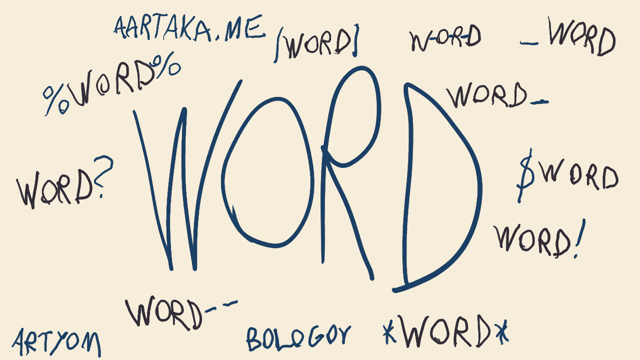Image with hand-drawn text, mostly repeating “WORD”. The “WORD” in the center is big and highlighted. The ones around it are smaller and scattered around the canvas. Every one of them has some special symbols (“!?_-$” etc.) appended. Brighter color “ARTYOM”, “BOLOGOV”, and “AARTAKA.ME” are also spread around.