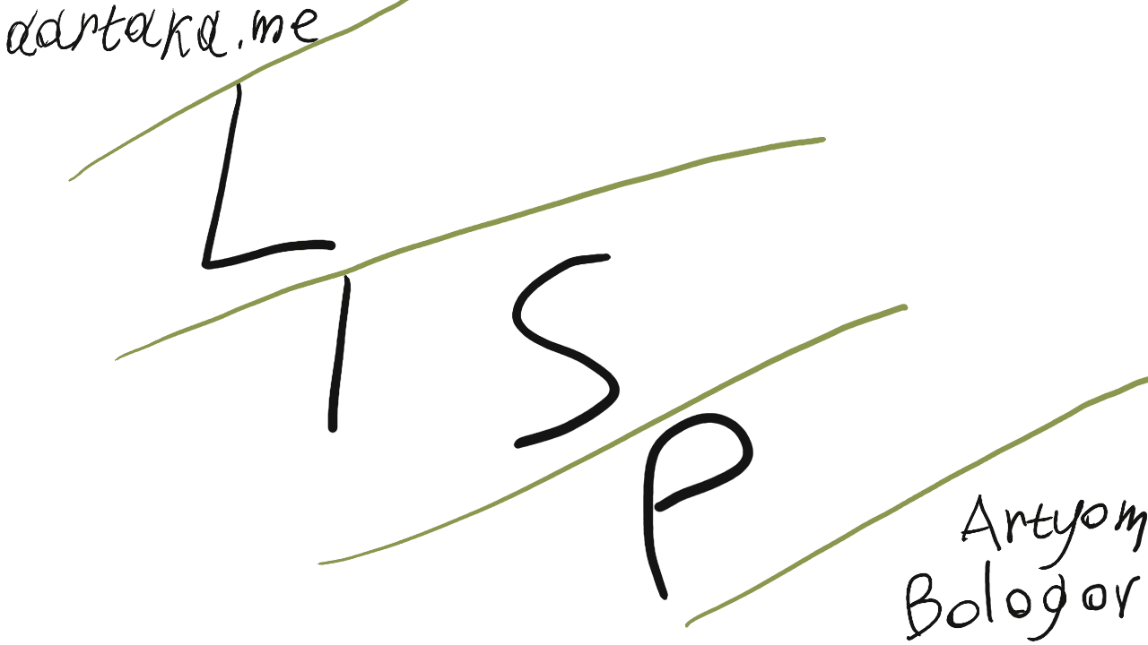 Bright thumbnail with “LISP” written in the center. Individual letters are split into “lines” by soothingly soft colorful lines stretching throughout the image. Delineating it like Russian lined notebooks they require at schools. In the corners, attributions to “Artyom Bologov” and “aartaka.me” are visible.