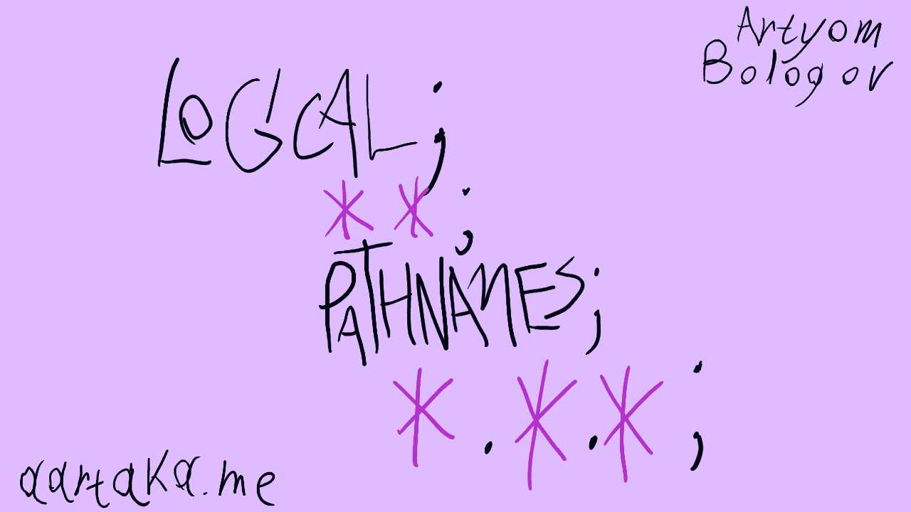 A soft palette thumbnail with a blueberry yogurt colored background. Text reads “LOGICAL;”, “**;”, “PATNAMES;”, and ”*.*.*;”, imitating a logical pathname pattern. It’s written in soft black with asterisks in flowery purple. Oh, and it’s all handwritten!