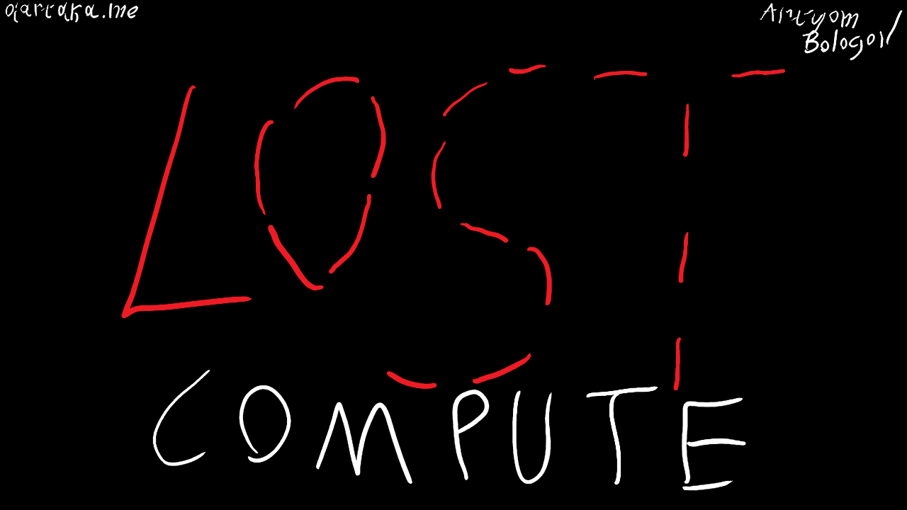 Almost monochrome thumbnail. In the center, huge letters spell out “LOST compute”. “LOST” is colorfully written as if slowly disappearing, with each letter becoming more dashed and spacious. In the corners, small and equally dashed attributions to “aartaka.me” and “Artyom Bologov” are barely visible. The artist sure aimed for aesthetics over readability.