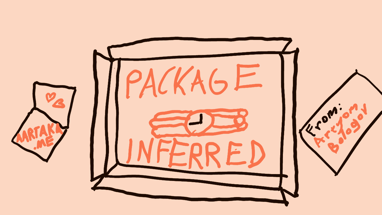 Image or a box, drawn by an obvious amateur without knowledge of perspective. Inside the box, there’s a stereotypical time bomb with a clock face and three TNT sticks. Near the box, there’s a card with “aartaka.me” on it, and a letter “From: Artyom Bologov”. I swear I’m not a terrorist, I’m just a blogger!