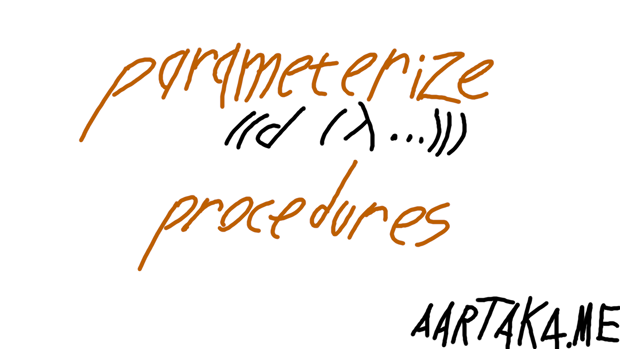 A jarring black-and-white poster.     On it, 'parameterize' and 'procedures' are written in dark orange pumpkin color.     Between them (below 'parameterize'), there's a set of parentheses and 'd',     hinting that a word 'parameterized' results from these.    There's an all-caps 'AARTAKA.ME' in the corner.