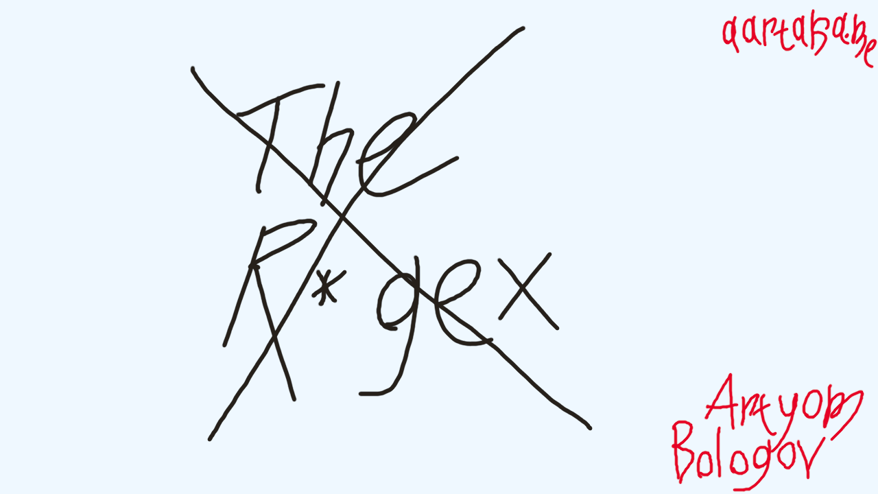 Cold colors digital thumbnail with handwritten text on it.    The text in the center says 'The R*gex' (meaning Regex).    It's crossed out.    In the corners, there's attribution to Artyom Bologov and aartaka.me address.